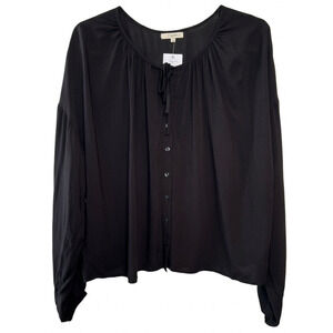 Z Supply Womens Large Black Tie Front Peasant Blouse Rayon Button Front Boho NWT